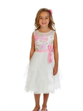 Jona Michelle White Dress with Pink Floral Bodice and Satin Bow/ Nwt/ 4T